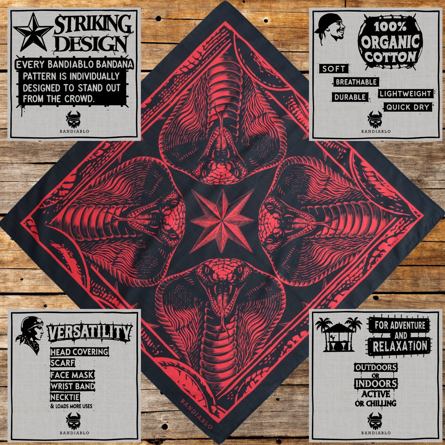 Organic cotton square bandana – cobra star