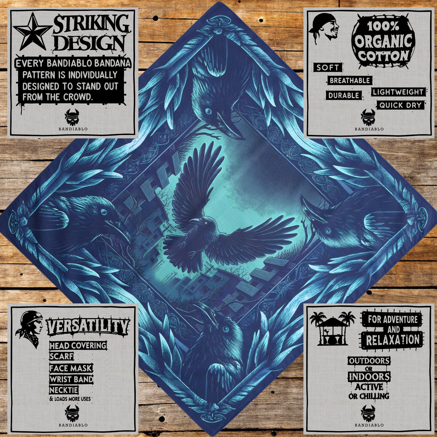 Organic cotton square bandana – urban crow